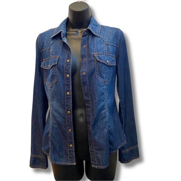 VINTAGE GUESS Denim Button Down Shirt Dark Wash Long Sleeves Brass Details - Picture 4 of 14